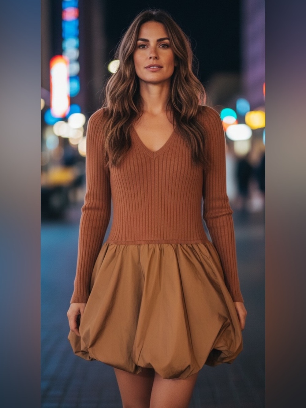 Able Girls Ribbed Bodice Bubble Skirt Dress in Rust and Tan